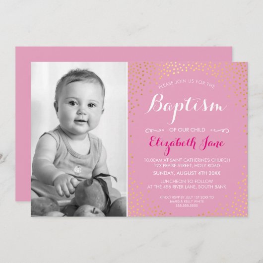 Invitation PHOTO BAPTISM mignon mini confetti en or motif ros (Devant / Derrière)