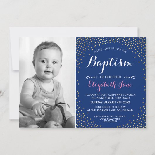 Invitation PHOTO BAPTISM mignon mini en or confetti marine mo (Devant)
