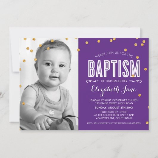 Invitation PHOTO BAPTISM mignon parties scintillant en or con (Devant)
