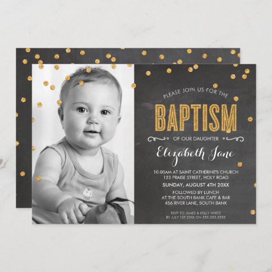 Invitation PHOTO BAPTISM or parties scintillant confetti tabl (Devant / Derrière)