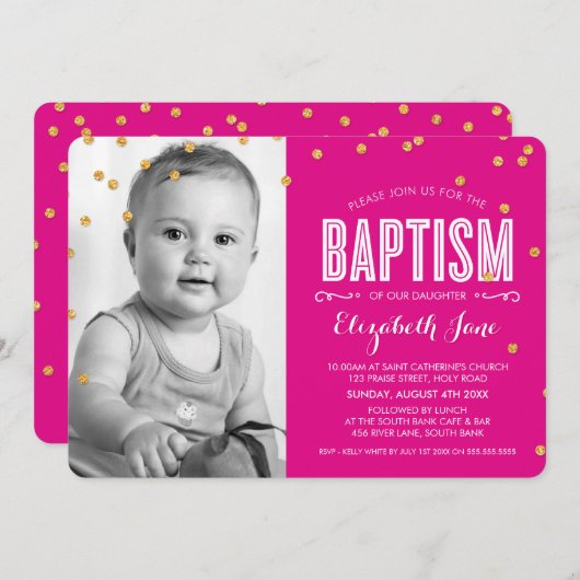 Invitation PHOTO BAPTISM parties scintillant en or mignon con (Devant / Derrière)