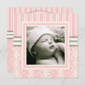 Invitation photo Baptism Pink Vintage Damask (Devant / Derrière)