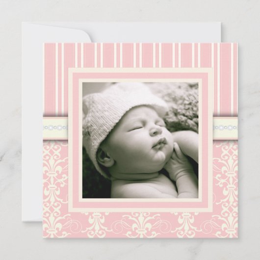Invitation photo Baptism Pink Vintage Damask (Devant)