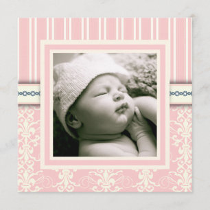Invitation photo Baptism Pink Vintage Damask