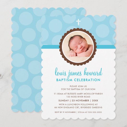 Invitation PHOTO BAPTISM pois moderne motif bleu garçon (Devant / Derrière)