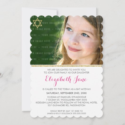 Invitation PHOTO BAT MITZVAH chevron rayure or parties scinti (Devant)