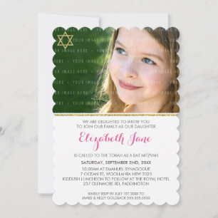 Invitation PHOTO BAT MITZVAH chevron rayure or parties scinti