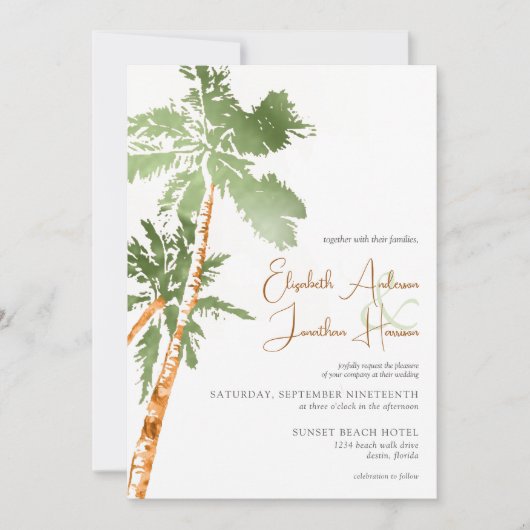 Invitation Photo Beach Palm Trees Destination Mariage Script (Devant)