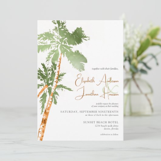 Invitation Photo Beach Palm Trees Destination Mariage Script (Debout devant)