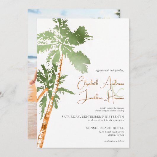 Invitation Photo Beach Palm Trees Destination Mariage Script (Devant / Derrière)