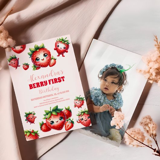 Invitation Photo Berry fraise Premier anniversaire
