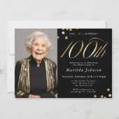 Invitation Photo Black and Gold 100th Birthday Surprise Party (Devant)