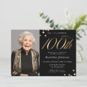 Invitation Photo Black and Gold 100th Birthday Surprise Party (Debout devant)