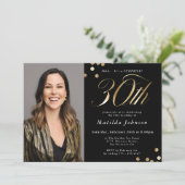 Invitation Photo Black and Gold 30th Birthday Surprise Party (Debout devant)