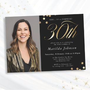 Invitation Photo Black and Gold 30th Birthday Surprise Party