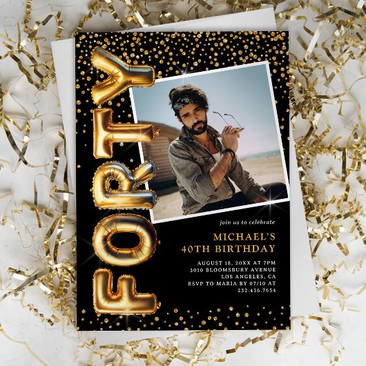 Invitation Photo Black and Gold 40th Birthday