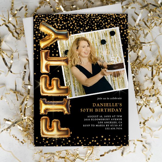 Invitation Photo Black and Gold 50th Birthday