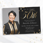 Invitation Photo Black and Gold 50th Birthday Surprise Party<br><div class="desc">Photo Black and Gold 50th Birthday Surprise Party Invitation. Ce design embrasse un thème minimaliste noir et or qui respire l'élégance moderne. L'invitation est faite d'un arrière - plan noir élégant, qui offre une toile sophistiquée pour les accents dorés opulents. La typographie moderne et élégante occupe le devant de la...</div>