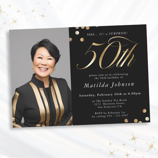 Invitation Photo Black and Gold 50th Birthday Surprise Party
