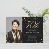 Invitation Photo Black and Gold 50th Birthday Surprise Party (Debout devant)