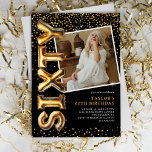 Invitation Photo Black and Gold 60th Birthday<br><div class="desc">Invitation moderne de 60ème anniversaire avec un arrière - plan noir élégant,  un modèle photo à remplacer par le vôtre,  une diffusion de confettis de parties scintillant d'or,  ballons d'hélium d'or qui épellent "soixante",  et un élégant modèle de texte de fête qui est facile à personnaliser.</div>