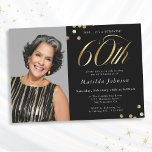 Invitation Photo Black and Gold 60th Birthday Surprise Party<br><div class="desc">Photo Black and Gold 60th Birthday Surprise Party Invitation. Ce design embrasse un thème minimaliste noir et or qui respire l'élégance moderne. L'invitation est faite d'un arrière - plan noir élégant, qui offre une toile sophistiquée pour les accents dorés opulents. La typographie moderne et élégante occupe le devant de la...</div>