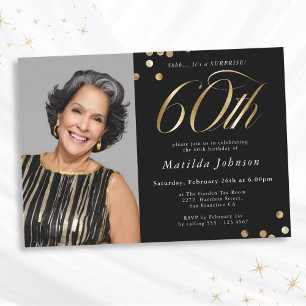 Invitation Photo Black and Gold 60th Birthday Surprise Party