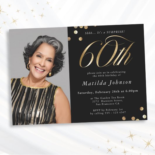 Invitation Photo Black and Gold 60th Birthday Surprise Party