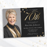 Invitation Photo Black and Gold 70th Birthday Surprise Party<br><div class="desc">Photo Black and Gold 70th Birthday Surprise Party Invitation. Ce design embrasse un thème minimaliste noir et or qui respire l'élégance moderne. L'invitation est faite d'un arrière - plan noir élégant, qui offre une toile sophistiquée pour les accents dorés opulents. La typographie moderne et élégante occupe le devant de la...</div>