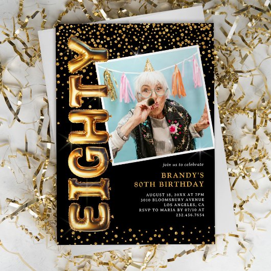 Invitation Photo Black and Gold 80th Birthday