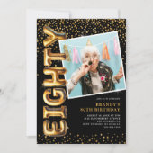 Invitation Photo Black and Gold 80th Birthday (Devant)