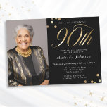 Invitation Photo Black and Gold 90th Birthday Surprise Party<br><div class="desc">Photo Black and Gold 90th Birthday Surprise Party Invitation. Ce design embrasse un thème minimaliste noir et or qui respire l'élégance moderne. L'invitation est faite d'un arrière - plan noir élégant, qui offre une toile sophistiquée pour les accents dorés opulents. La typographie moderne et élégante occupe le devant de la...</div>