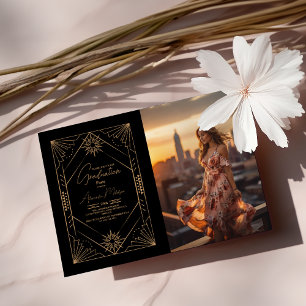 Invitation Photo Black and Gold Art Deco Graduation