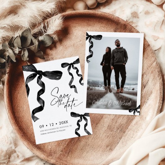 Invitation Photo Black Bow Enregistrer La Date