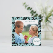 Invitation Photo Black Damassé sur Aqua Wedding Save the Date (Debout devant)