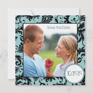 Invitation Photo Black Damassé sur Aqua Wedding Save the Date