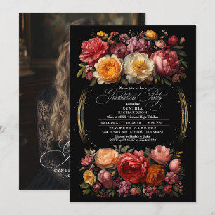 Invitation Photo Black Floral Moody Graduation Party