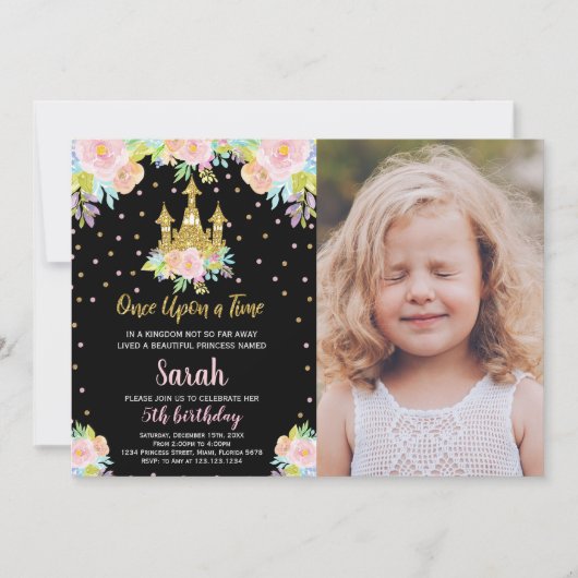 Invitation Photo Black Floral Parties scintillant Princess An (Devant)