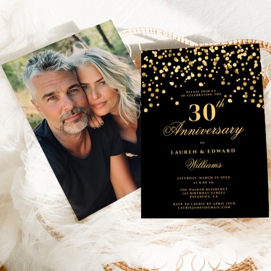 Invitation Photo Black & Gold 30e anniversaire de Mariage