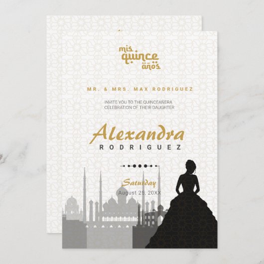 Invitation Photo Black & Gold Arabian Quinceañera (Devant / Derrière)