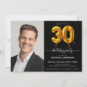Invitation Photo Black Gold Balloon 30e anniversaire (Devant)