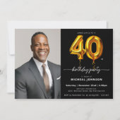 Invitation Photo Black Gold Balloon 40e anniversaire (Devant)