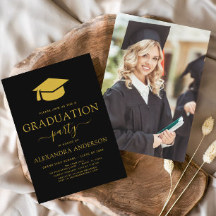 Invitation Photo Black Gold de la fête de graduation 2024