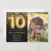 Invitation Photo Black Gold Enfants Fille 10e fête d'annivers (Devant)