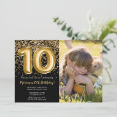 Invitation Photo Black Gold Enfants Fille 10e fête d'annivers (Debout devant)