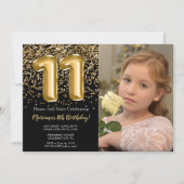 Invitation Photo Black Gold Enfants Fille 11e fête anniversai (Devant)