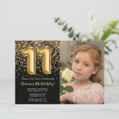 Invitation Photo Black Gold Enfants Fille 11e fête anniversai (Debout devant)