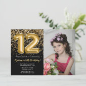 Invitation Photo Black Gold Enfants Fille 12e fête d'annivers (Debout devant)