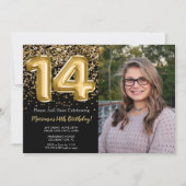 Invitation Photo Black Gold Enfants Fille 14e fête d'annivers (Devant)