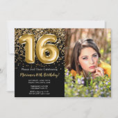 Invitation Photo Black Gold Enfants Fille 16e fête d'annivers (Devant)